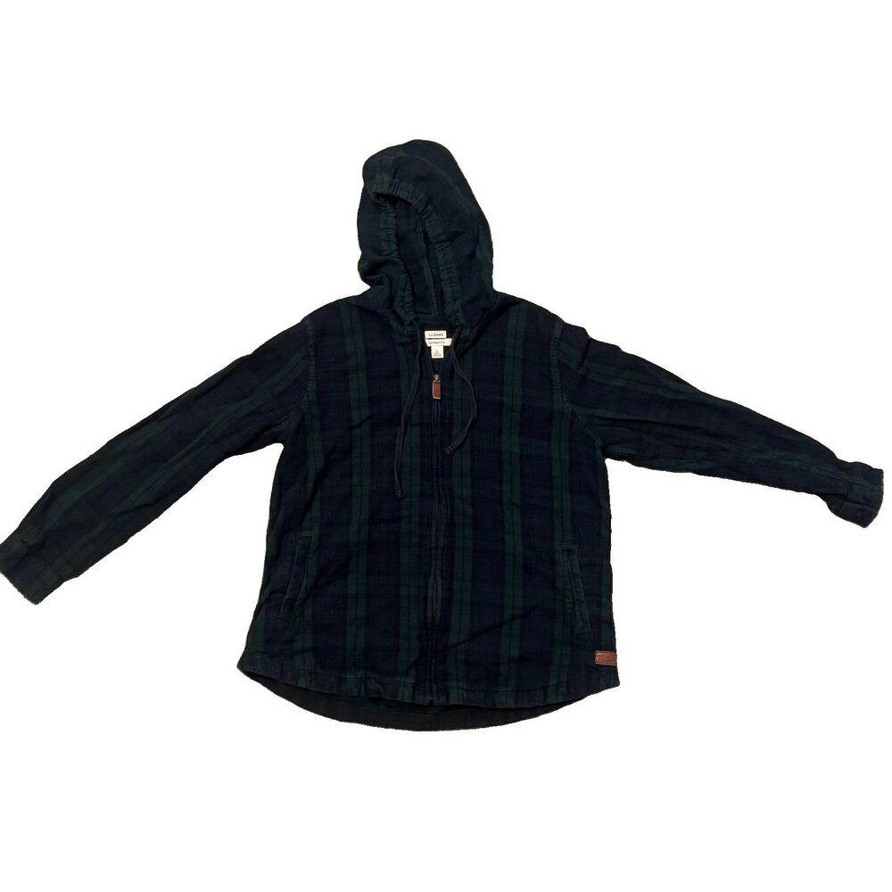 L.L.Bean Women’s L Green Blue Scotch Plaid Full Zip Flannel Hoodie Relaxed Fit